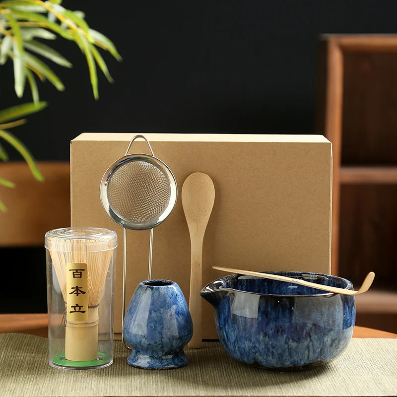 6PCS Traditional Japanese Matcha Tea Set – Ceramic Bowl, Bamboo Whisk, Sifter & Spoon for Authentic Tea Rituals