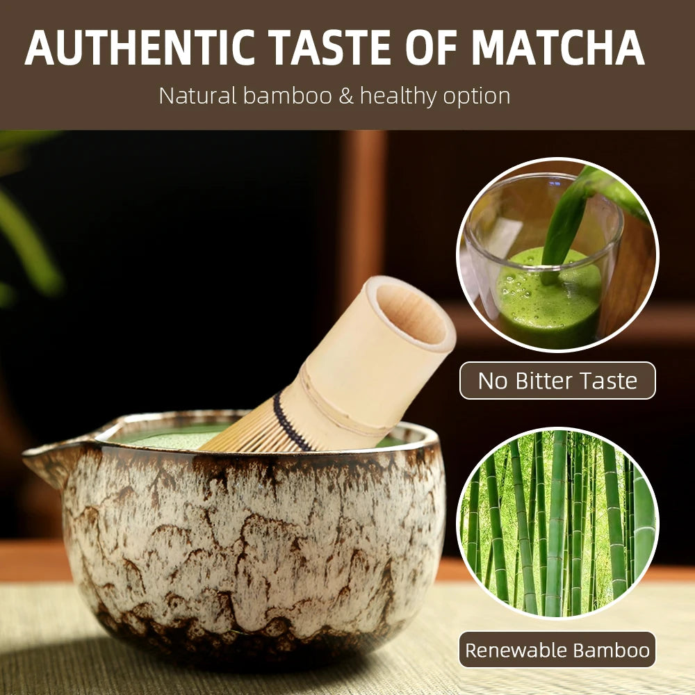 6PCS Traditional Japanese Matcha Tea Set – Ceramic Bowl, Bamboo Whisk, Sifter & Spoon for Authentic Tea Rituals