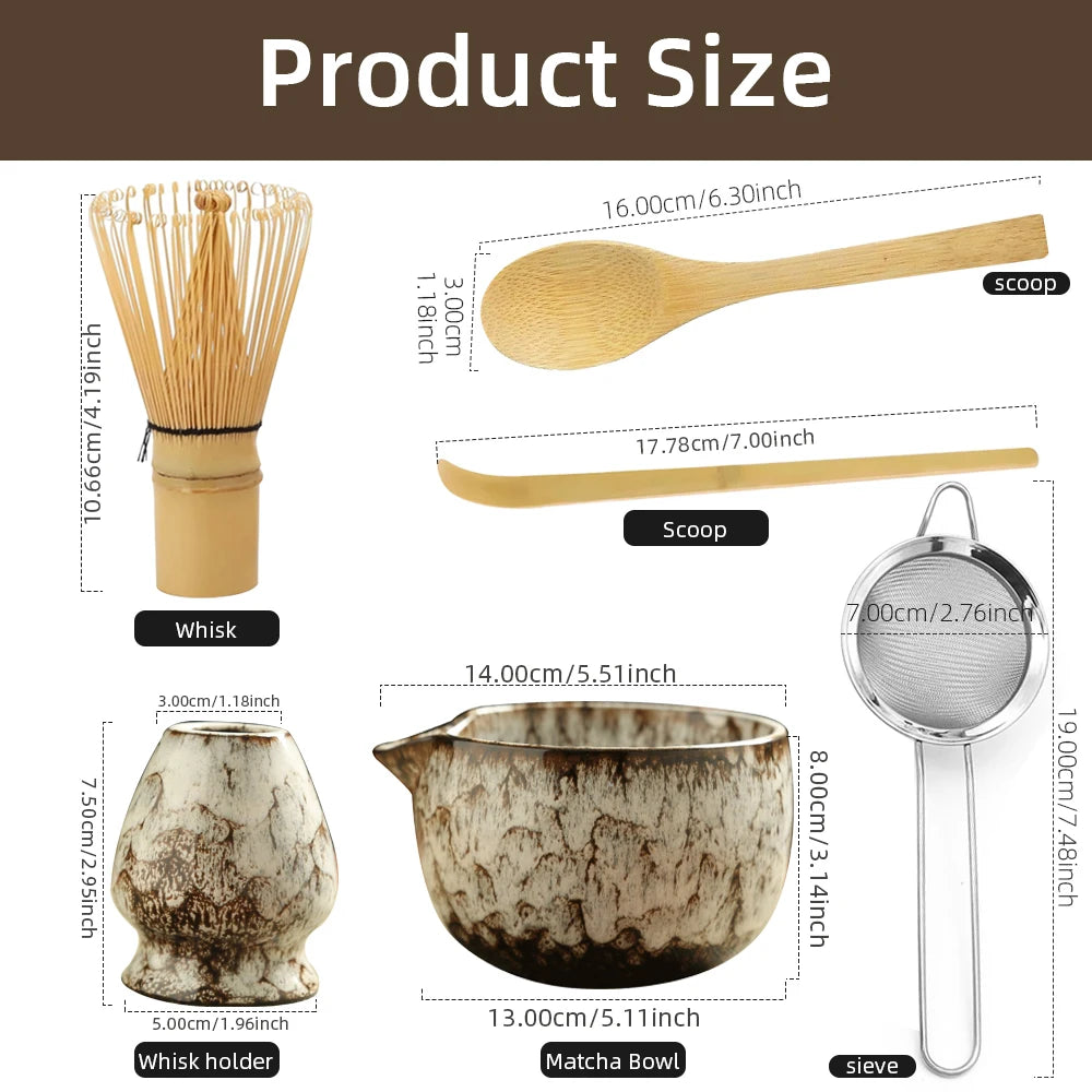 6PCS Traditional Japanese Matcha Tea Set – Ceramic Bowl, Bamboo Whisk, Sifter & Spoon for Authentic Tea Rituals