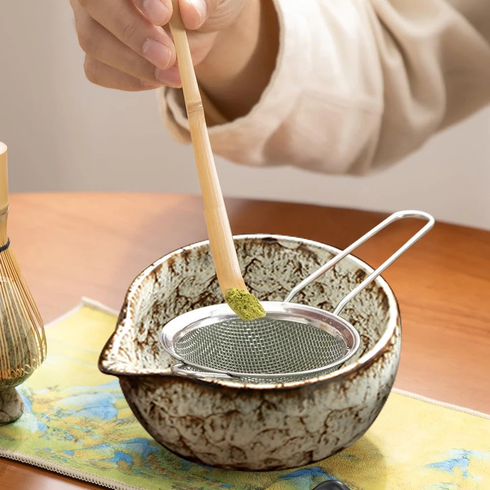 6PCS Traditional Japanese Matcha Tea Set – Ceramic Bowl, Bamboo Whisk, Sifter & Spoon for Authentic Tea Rituals
