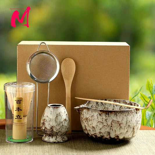 6PCS Traditional Japanese Matcha Tea Set – Ceramic Bowl, Bamboo Whisk, Sifter & Spoon for Authentic Tea Rituals