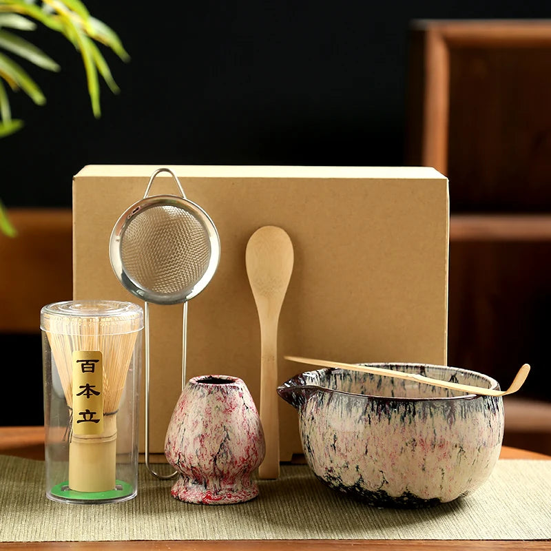 6PCS Traditional Japanese Matcha Tea Set – Ceramic Bowl, Bamboo Whisk, Sifter & Spoon for Authentic Tea Rituals