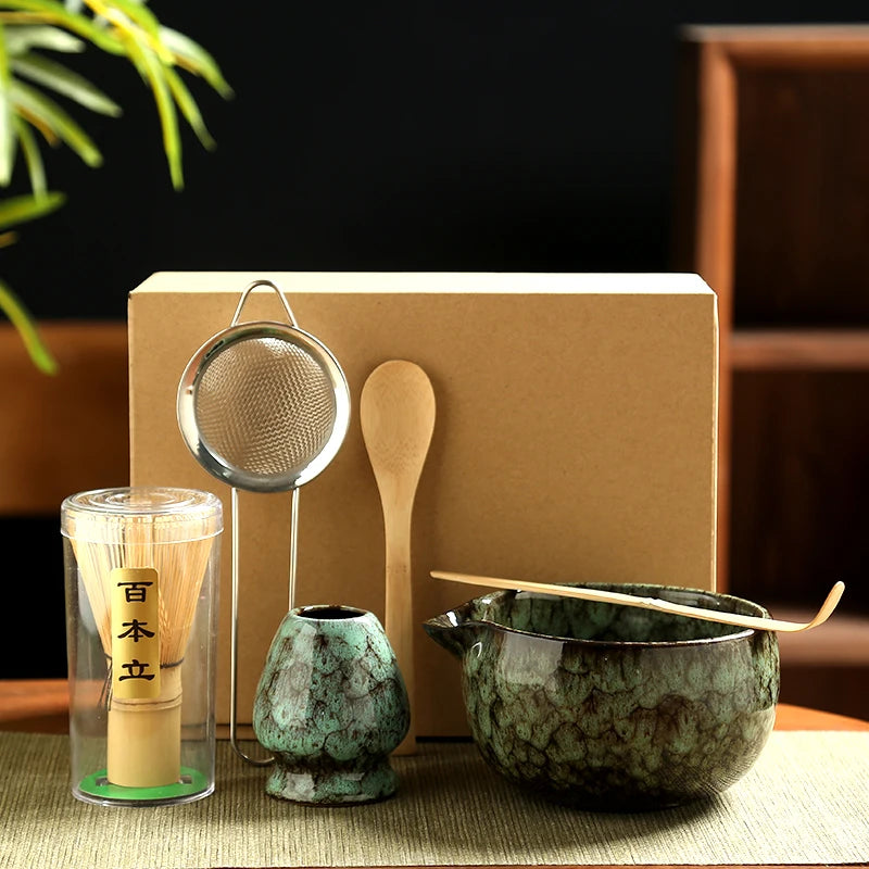 6PCS Traditional Japanese Matcha Tea Set – Ceramic Bowl, Bamboo Whisk, Sifter & Spoon for Authentic Tea Rituals