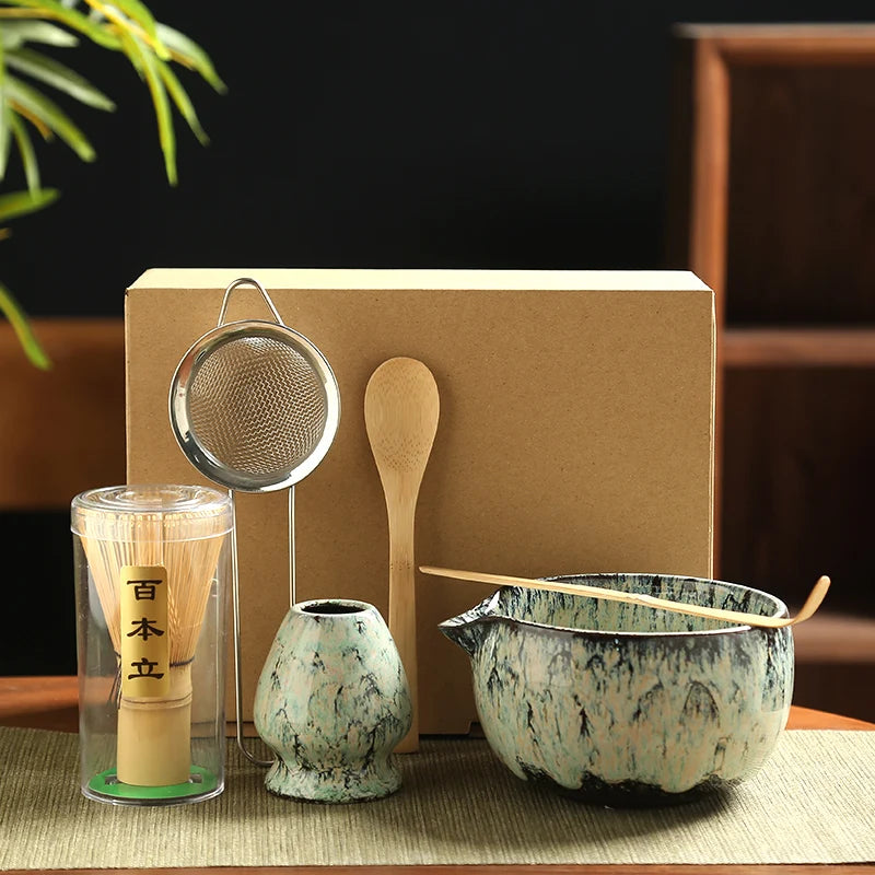 6PCS Traditional Japanese Matcha Tea Set – Ceramic Bowl, Bamboo Whisk, Sifter & Spoon for Authentic Tea Rituals