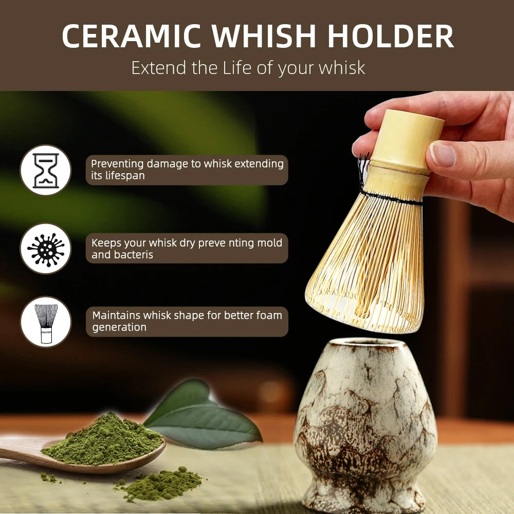 6PCS Traditional Japanese Matcha Tea Set – Ceramic Bowl, Bamboo Whisk, Sifter & Spoon for Authentic Tea Rituals