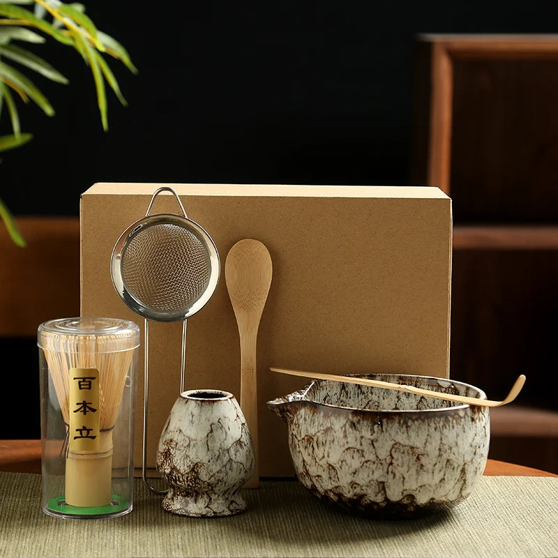 6PCS Traditional Japanese Matcha Tea Set – Ceramic Bowl, Bamboo Whisk, Sifter & Spoon for Authentic Tea Rituals